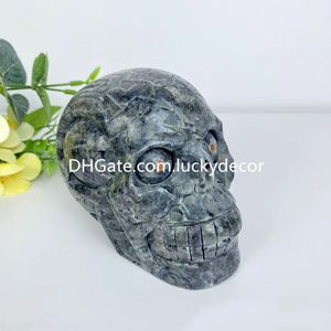 Gran calavera de cristal de larvikita con ojos y pupilas escultura hermosa llamativa roca volcánica natural ígnea cabeza de lava tallado meditación escudriñando regalo de piedras preciosas