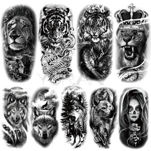 Grand Lion tatouages temporaires pour femmes hommes tigre loup Vampire forêt fleur couronne boussole faux tatouage autocollant bras corps Tatoos