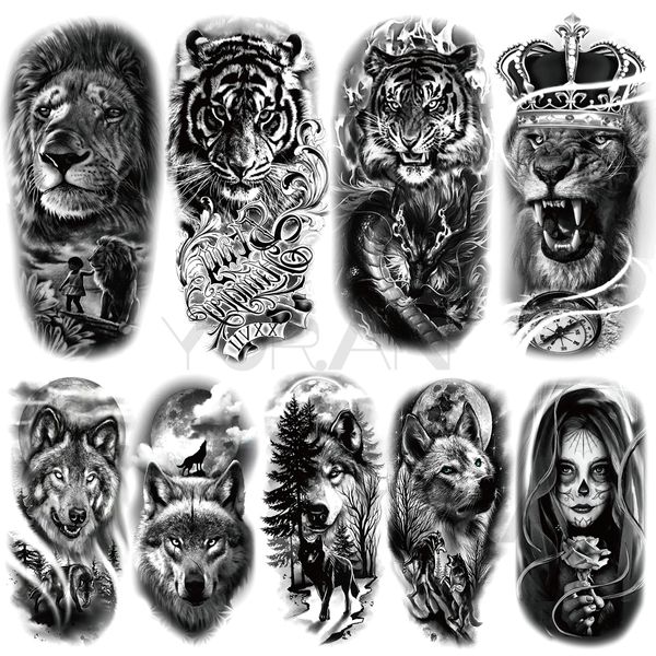 Tatuajes temporales de León grande para mujeres, hombres, Tigre, Lobo, vampiro, bosque, flor, corona, brújula, tatuaje falso, pegatina, tatuajes para brazo y cuerpo