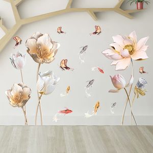 Pegatinas de pared de mariposa con flores de tulipán y pez de loto grande, decoración para las paredes del salón, decoración para las paredes del salón, calcomanías florales para pared, decoración del hogar