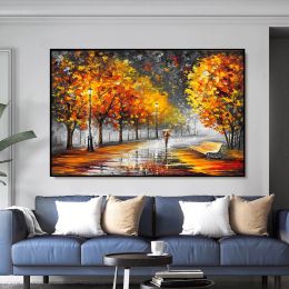 Grote minnaar Rain Street Tree Lamp Mes Landschap Oil Painting on Canvas Wall Art for Living Room Home Decor Picture Picture