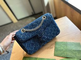 Grandes bolsos de diseñador Marmont Denim Blue para mujer Lujo 2 Tamaño Cámara con solapa de embrague Bolso de mano Bolso de mano Monedero de moda Bolso con cadena de plata Bolso cruzado con sobre