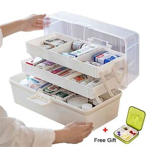 Grote Medicine Doos Plastic 3 Tiers Draagbare Opslag Transparante Cover EHBO-kit Sundries Organizer Cabinet Pil 210922