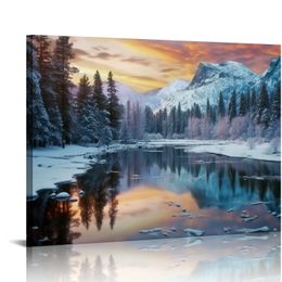 Grand Mountain Lake Canvas Wall Art Nature Pictures Impressions d'hiver Paysage d'œuvres d'hiver Scène de la nature Décoration de photographie pour le salon