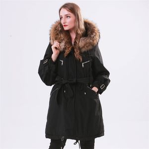 Grand Naturel Fourrure De Raton Laveur Veste D'hiver Femmes À Capuche Long Parkas Pour Femme Épais Mince Vers Le Bas Manteau D'hiver Femmes Imperméable 201217