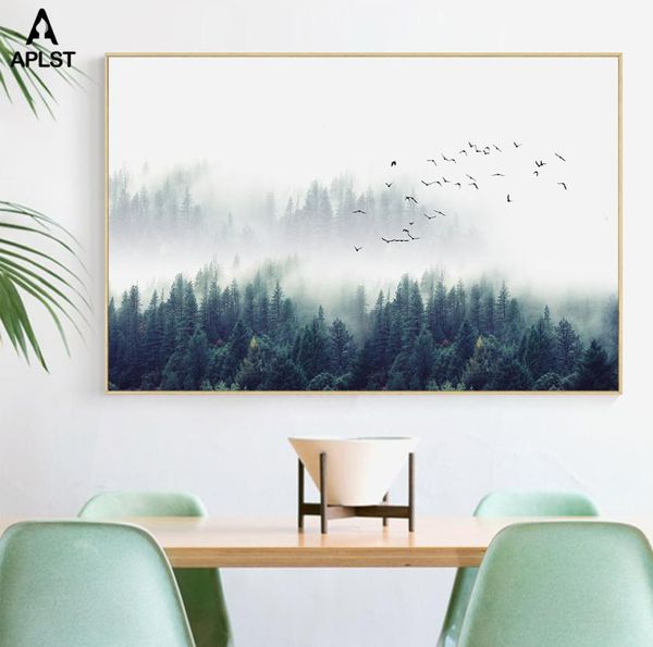 Grandes impresiones de bosque de niebla nórdica, carteles, árboles, pájaros, paisaje, pintura en lienzo, arte de pared moderno, imágenes decorativas para sala de estar 1013508