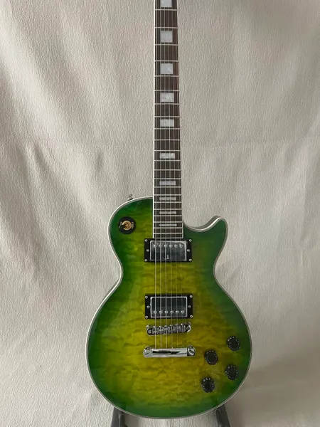 Guitarra eléctrica LP verde con estampado grande, cuerpo de caoba, diapasón de caoba