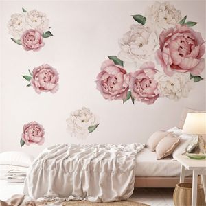 Grote Peony Flowers Muursticker Vinyl Zelfklevende Flora Wall Art Aquarel voor Woonkamer Slaapkamer Home Decor