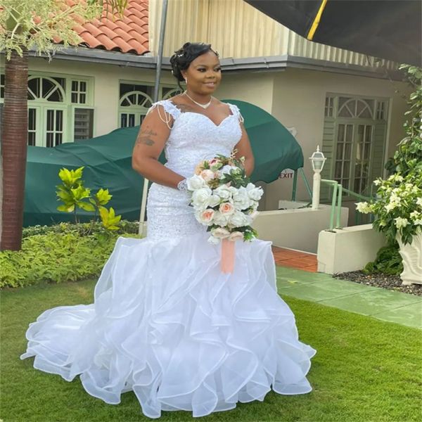 Vestido de novia de sirena de talla grande grande africano Nigeria hombros descubiertos volantes jardín inferior vestidos de novia 2023 Vestido De Casamento Country Robe De Mariee Noiva