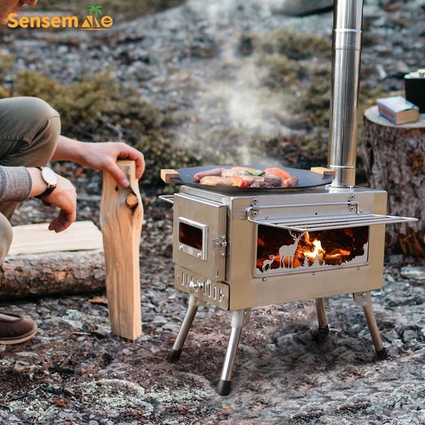 Grand poêle à bois portatif 304 tuyau de fenêtre en acier inoxydable pour tente chauffage lit Camping pêche sur glace cuisson barbecue en plein air 240308