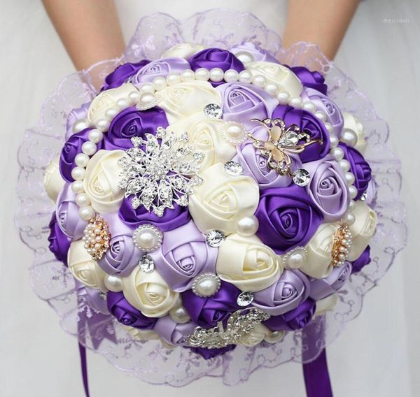 Grand bouquet de mariée violet bouquet perlé demoiselle d'honneur fleurs artificielles buque de noiva bouquets diamants cadeau mariage w28013079976