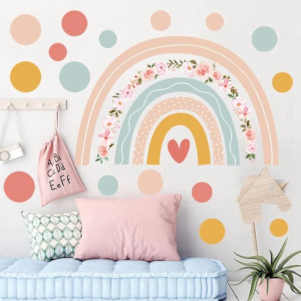 Grands autocollants muraux à fleurs arc-en-ciel Boho Polka Dots mural vinyle pour chambre d'enfants Nursery Platroom Wall Decor