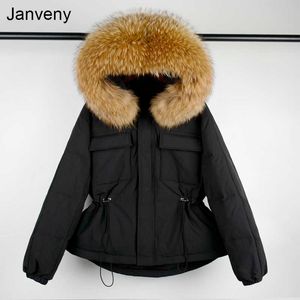 Abrigo de invierno con capucha de piel de mapache auténtica para mujer, chaqueta de plumón de pato, Parkas cortas impermeables con plumas acolchadas, 90%