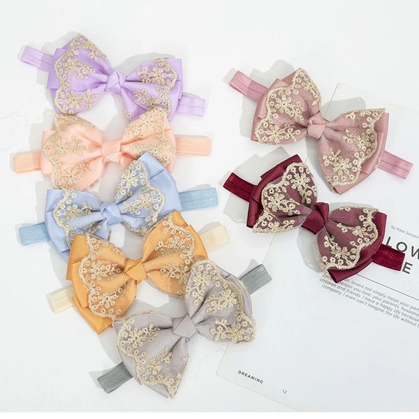 Grand ruban arc or dentelle bandeau élastique Nylon Turban bandeaux pour bébé filles cheveux accessoires nouveau-né nœud papillon haut bandeau