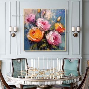 Pintura de aceite de floración de rosa grande Pintura de lienzo naranja rosa pintura a mano abstracta de paisaje floral rosa pintura personalizada para decoración de la sala de estar