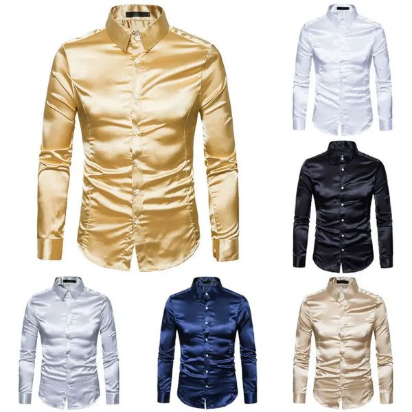 Camisa grande S-XXL para hombre, satén de seda liso, abrigo liso para hombre, camisa de negocios, vestido de novia dorado brillante informal ajustado para hombre 240221