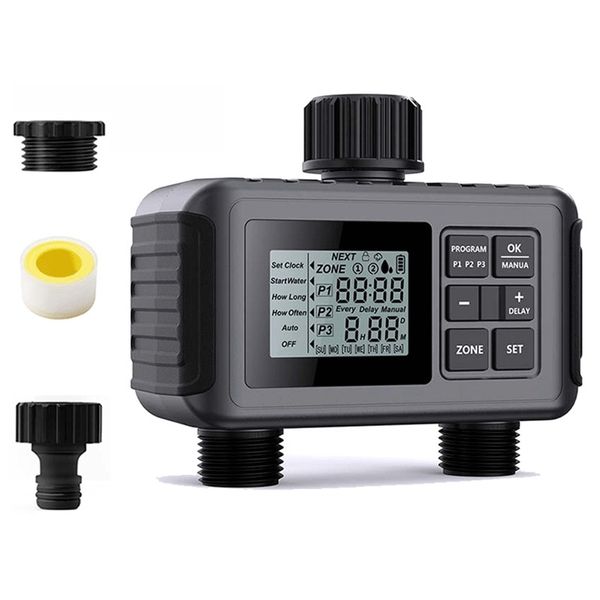 Contrôleur d'irrigation à grand écran pour l'extérieur, 2 zones programmables, minuterie d'eau de jardin, contrôleur de système d'irrigation automatique 240326