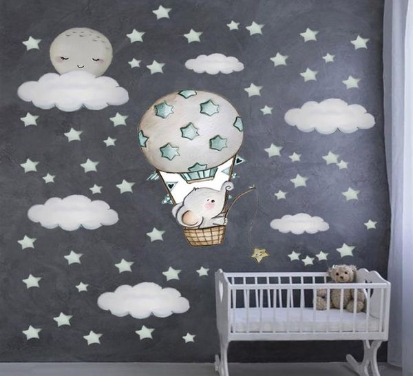 Pegatinas de pared de gran tamaño, 100cm x 100cm, bonito elefante bebé en el globo aerostático, calcomanías de pared, estrellas de acuarela para guardería de bebé 4475442