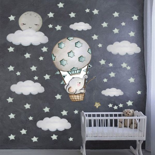 Pegatinas de pared de gran tamaño, 100cm x 100cm, bonito elefante bebé en el aire, calcomanías de pared con globos, estrellas de acuarela para bebé, Nursery2148