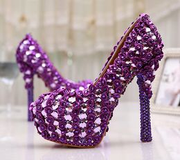 Zapatos de tacón con plataforma de cristal púrpura para mujer, calzado de vestir para fiesta de boda, ramo de boda de 5 pulgadas, talla grande 11