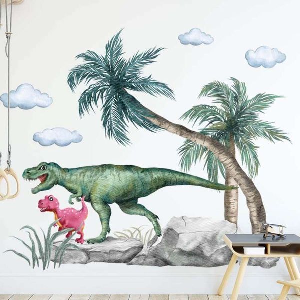 Autocollants muraux de dinosaures aquarelle T.rex sur les pierres, papier peint d'arbre de grande taille 111cm x 92cm pour chambre d'enfants et de garçon