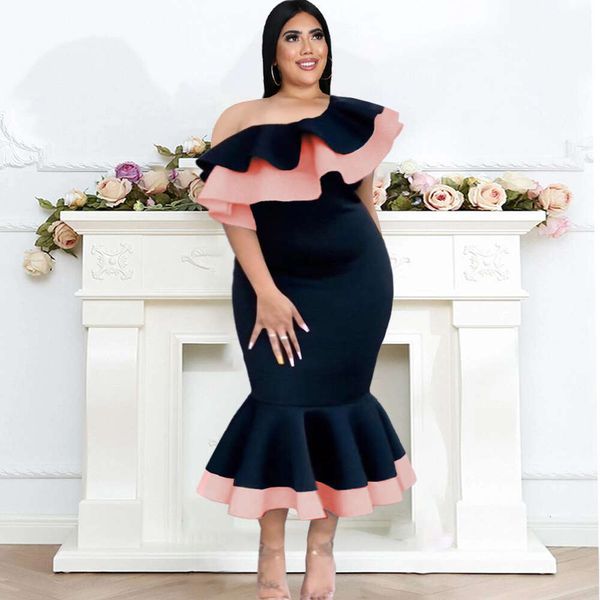 Grande taille 200 livres Chubby Mm simple épaule dos nu bord volant jupe col taille haute Slim Fit queue de poisson pour les femmes robe 254161