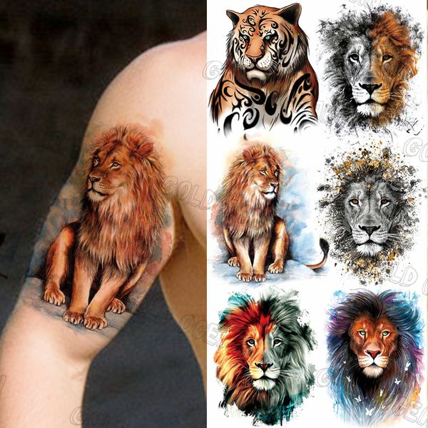 Große Größe 3D Aquarell Löwe temporäre Tattoos für Männer Erwachsene realistische Tiger Fake Tattoo Aufkleber Transfer Tattoo Arm Körperkunst