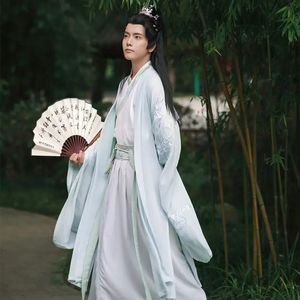 Groot formaat 3xl hanfu mannen Chinees traditionele cosplay kostuum Halloween cos kostuum oude hanfu blauw witte shirtskirt sets 240418