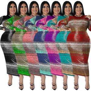 Groot formaat herfst dameskleding groothandel horizontale gestreepte jurk met lange mouwen Bronfabriek