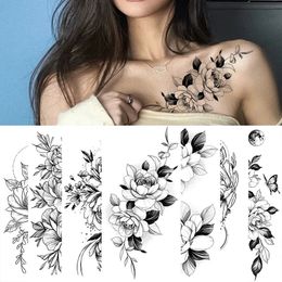 Modèle de fleurs noir de grande taille Faux autocollant de tatouage pour femmes Dot Rose Péonie Tatouage Tatouage DIY TRANSFERT EAU FILLES 240423