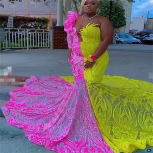 Vestido de fiesta de niña Blak de gran tamaño Vestidos de noche de sirena con lentejuelas en contraste Un hombro Manga larga Vestidos de fiesta de cumpleaños formales de color rosa amarillo Vestido de fiesta de talla grande 2024