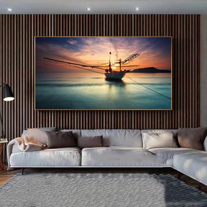 Grande taille bateau coucher de soleil affiche paysage toile peinture mur Art photos pour salon moderne décor à la maison navire sur mer paysage