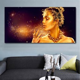 Groot formaat canvas schilderij Afrikaanse gouden vrouw poster muur kunst portret foto HD print voor woonkamer slaapkamer decoratie