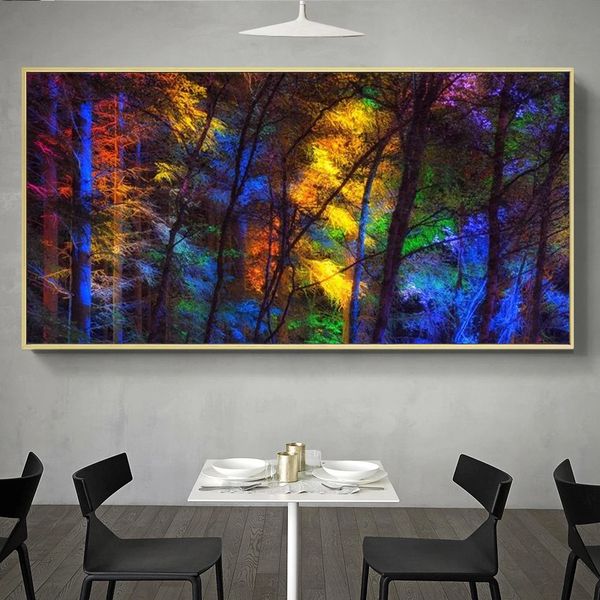 Affiche en toile d'arbres forestiers colorés de grande taille, imprimés d'art pour salon, image décorative, maison moderne