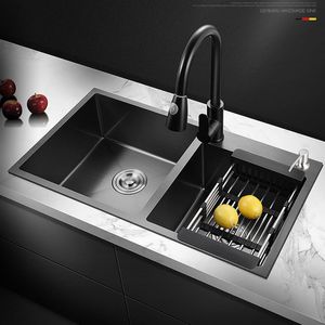 Grande taille Double bols noir Nano lavabo évier créatif en acier inoxydable éviers de cuisine ensemble de vidange accessoires de cuisine faits à la main