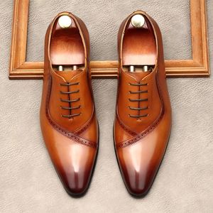 Grande taille EUR37-46 bout pointu noir/marron hommes chaussures habillées en cuir véritable Oxfords chaussures de mariage de bal