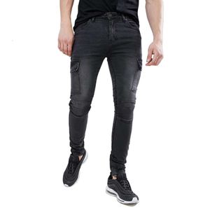 Grande taille à la mode élastique slim slim small pied noir multi-poche pantalon de travail moto jeans masculin m524 65