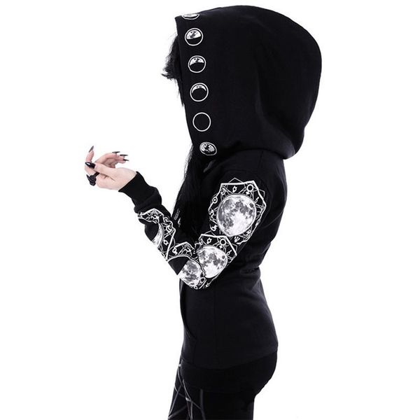 Veste gothique à capuche pour femmes, grande taille, décontractée, imprimé soleil, noir, manches longues, fermeture éclair, ample, vêtements pour femmes, Punk, hiver