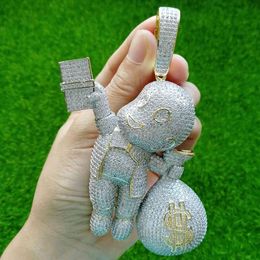Grande taille de haute qualité en laiton CZ pierres dessin animé sac d'argent pendentif Hip hop collier bijoux Bling glacé CN044B 210323286A