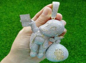 Grande taille de haute qualité en laiton CZ pierres dessin animé sac d'argent pendentif Hip hop collier bijoux Bling glacé CN044B 2103231443262