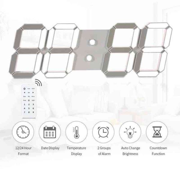 Horloge murale numérique LED 3D de grande taille avec télécommande Mode 12/24 heures pour la décoration de la maison EU Plug White Shell Whit Light H1230