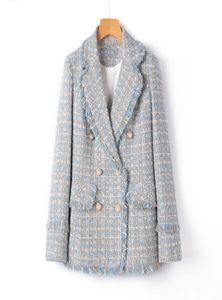 Veste de costume en tweed bleu clair de grande taille printemps automne mode rétro revers court revers doublé à carton S3991617153