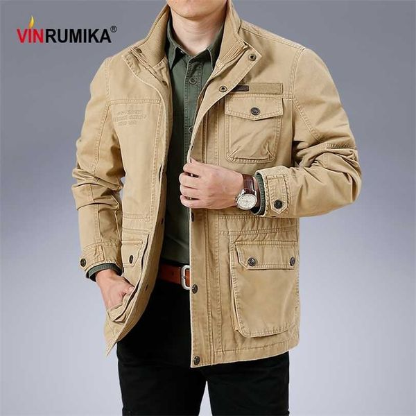 Gran tamaño M-6XL primavera otoño estilo militar informal para hombres 100% algodón caqui suelta chaqueta de longitud media abrigo hombre chaquetas negras 211214