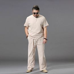 Grande taille hommes vêtements grand survêtement costume lin surpoids t-shirt décontracté mâle élastique taille bande 6XL 7XL 8XL 9XL deux ensemble 240228