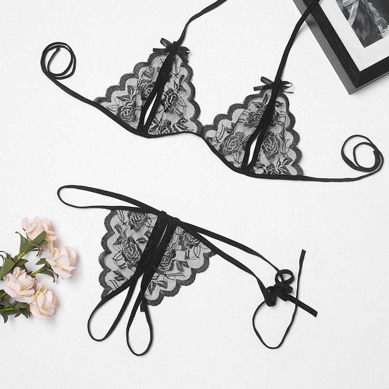 Lingerie sexy de tamanho grande, alça de renda transparente, biquíni aberto de três pontos