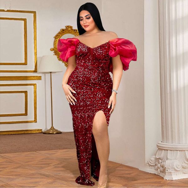 Grande taille Sexy col en v 200 livres joufflu Mm bulle manches paillettes taille haute fente longue robe Socialite, robe pour femmes 203569