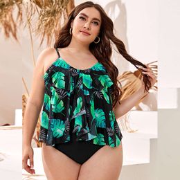 Swim de grande taille avec sangle à imprimé à feuilles et bikini à taille haute les feuilles de lotus