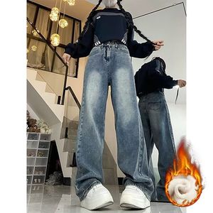 Grote maat damesjeans wijde pijpen jeans pluche isolatie losse en vloer dweilen damesbroek rechte pijpen hoge taille broek dameskleding