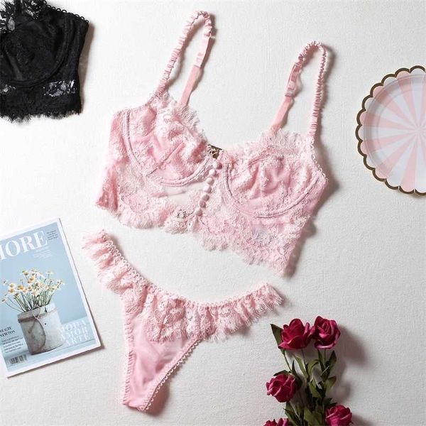 Conjuntos de ropa interior de mujer de gran tamaño Conjunto de lencería de sujetador de pestañas Conjunto de bralette de encaje sexual y bragas rosadas 211104