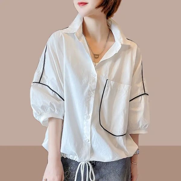 Grande taille Femme Shirt Summer Fashion Short Blouses Tendy Korean Style Loose Casual All-Match Puff à manches